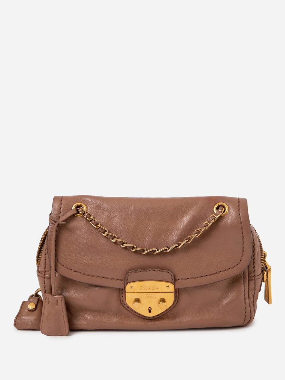 Prada 2011 Beige Glace Calf Pushlock Chain Shoulder Bag